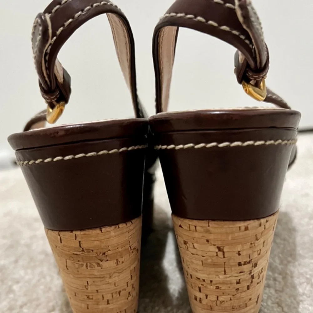 Prada Cork Wedge Sandals Brown Leather EU 39 US 8.5 Resort Luxury Italy